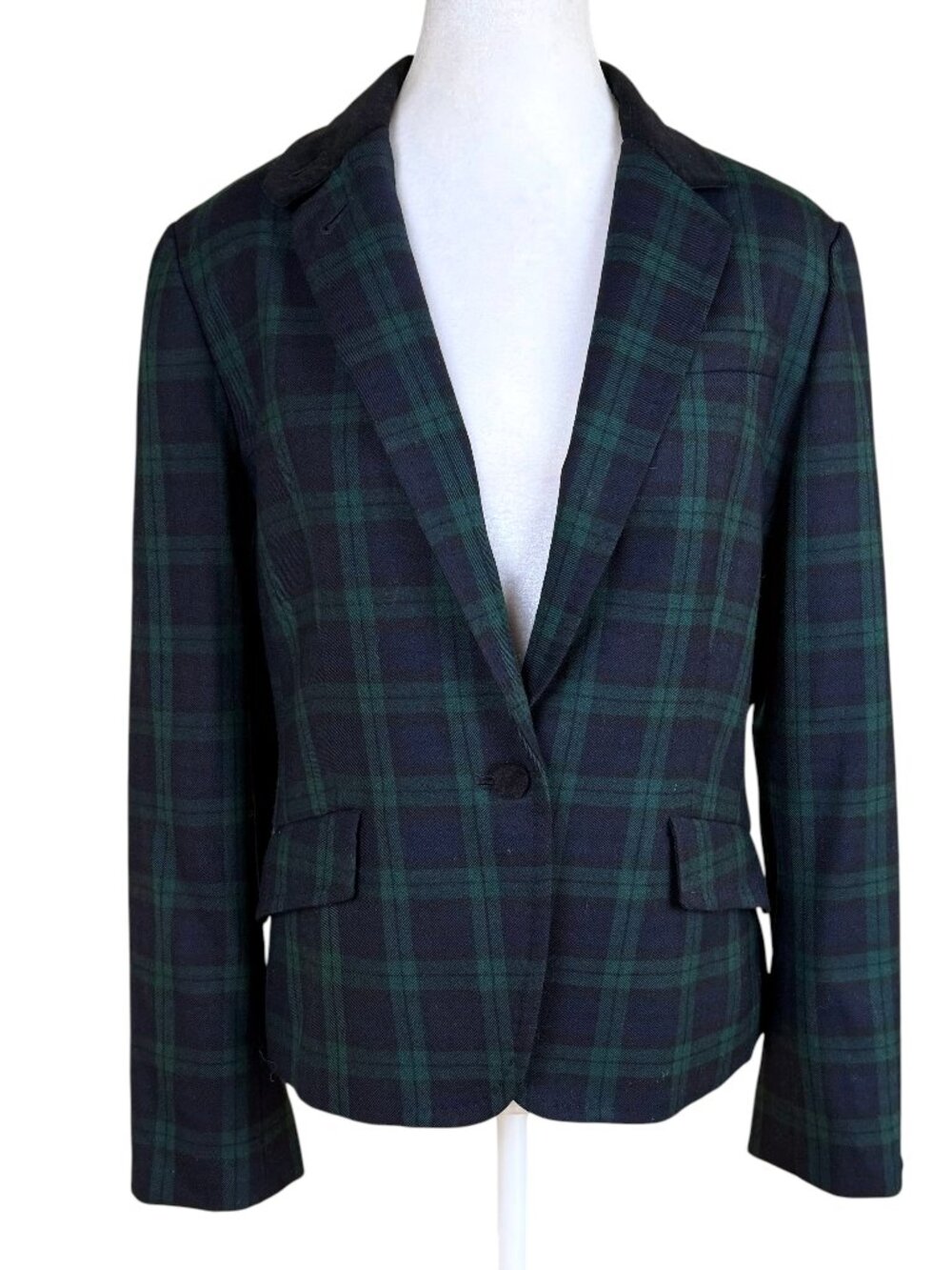 Talbots Plaid Blazer Wool Blend Green Navy Black Watch Velvet Collar (12P)